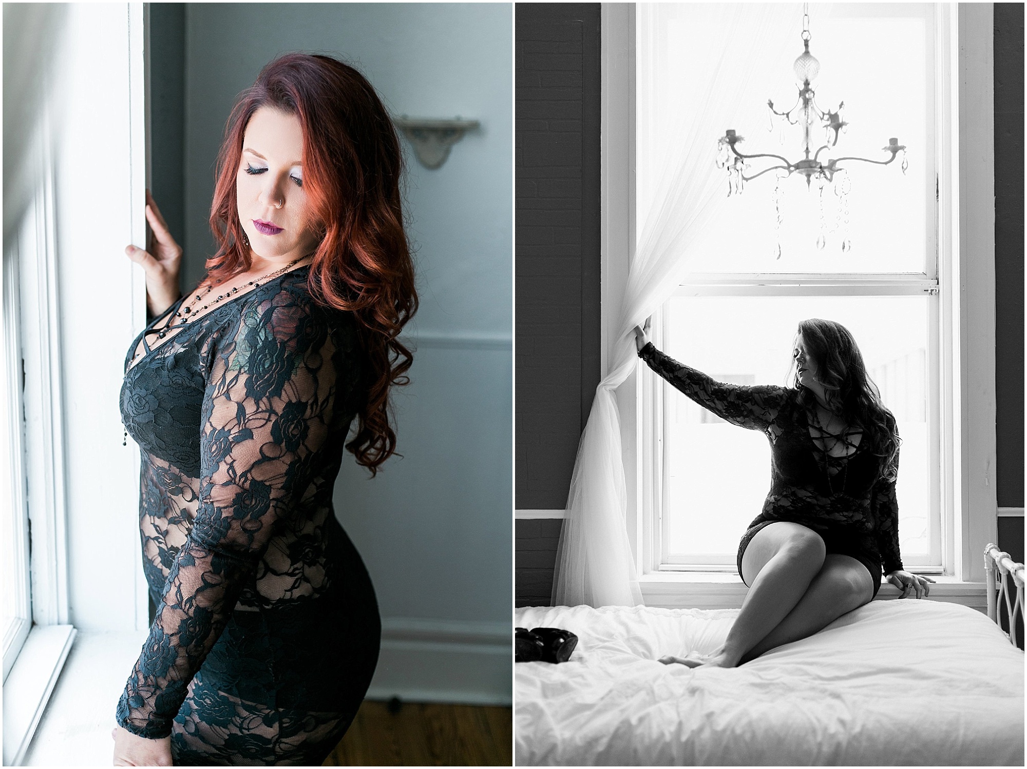 Model taking sensual photos near a window while wearing black lingerie. 