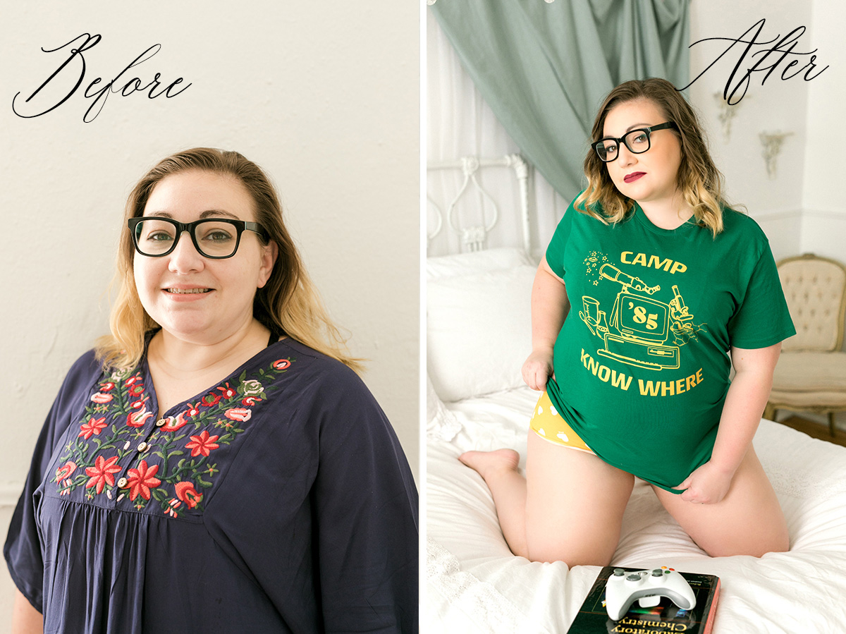 Lady in thick rimmed glasses sitting on bed