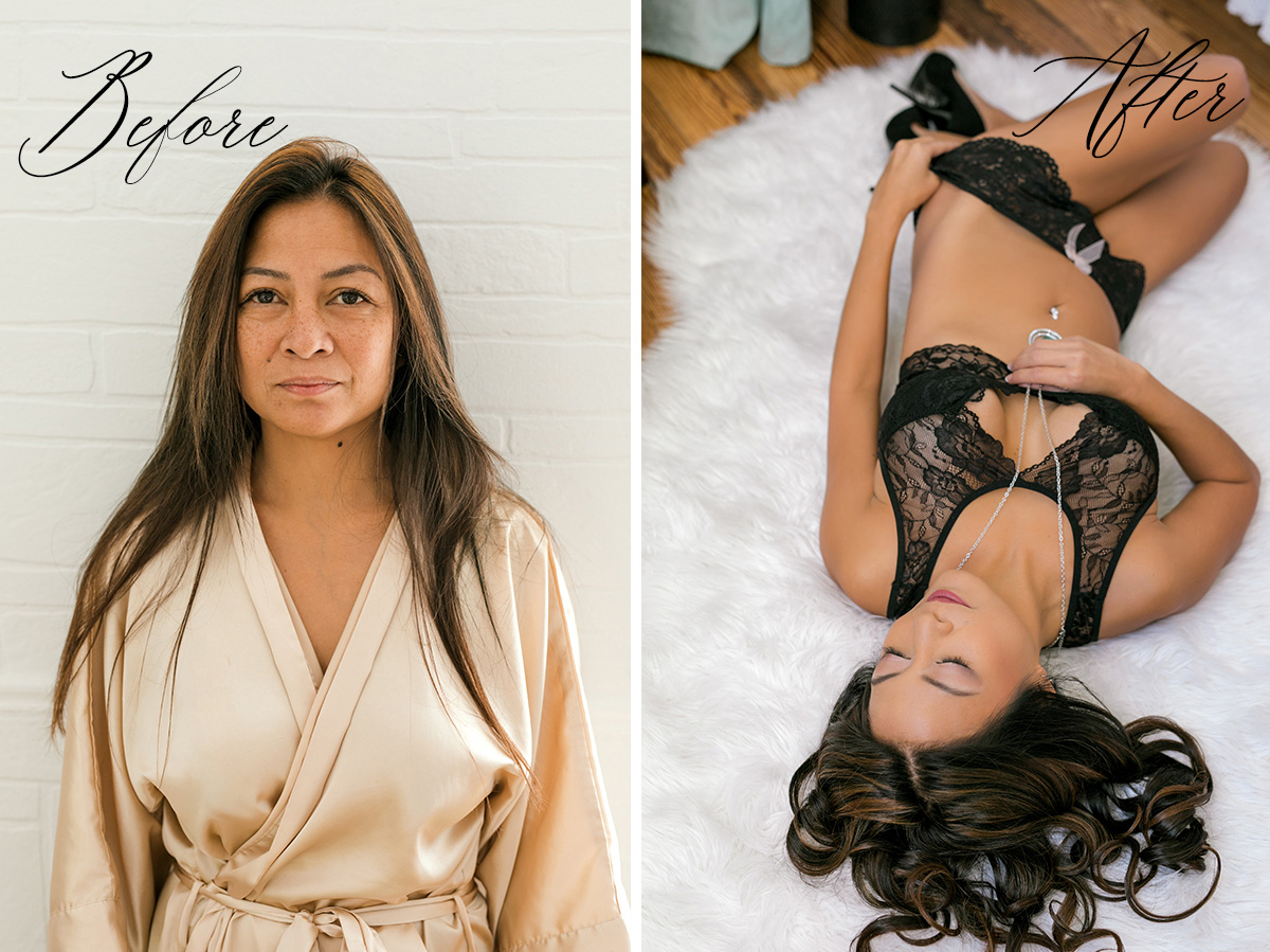 The Day of Your Boudoir Session before and after of mom after hair and makeup