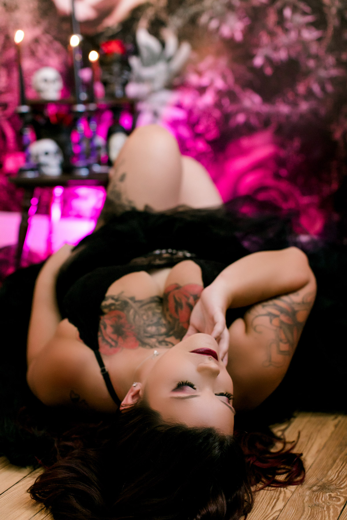 sexy boudoir halloween shoot on floor black rug