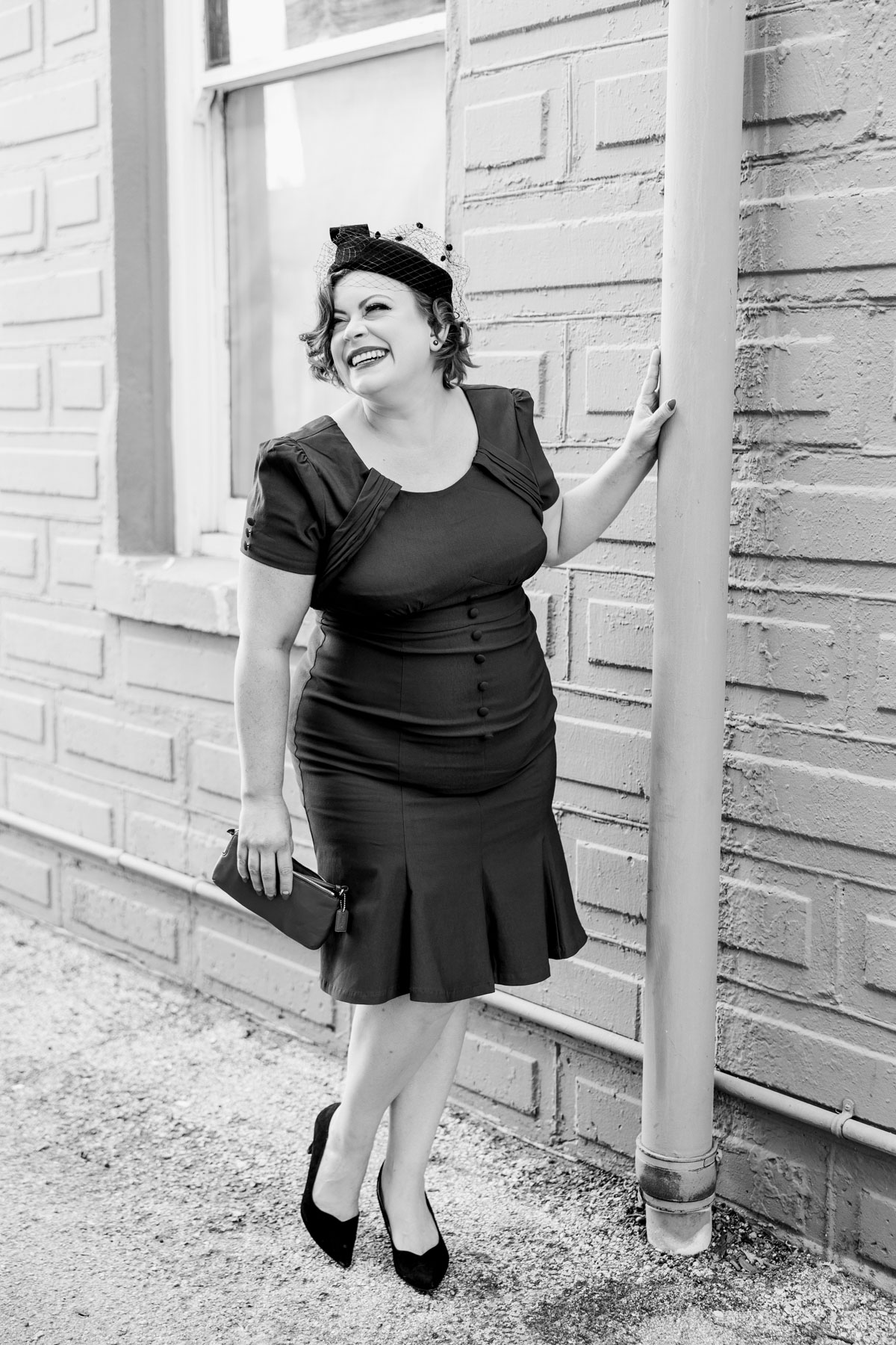 Black and white photo 1950's dress pill box hat and clutch purse